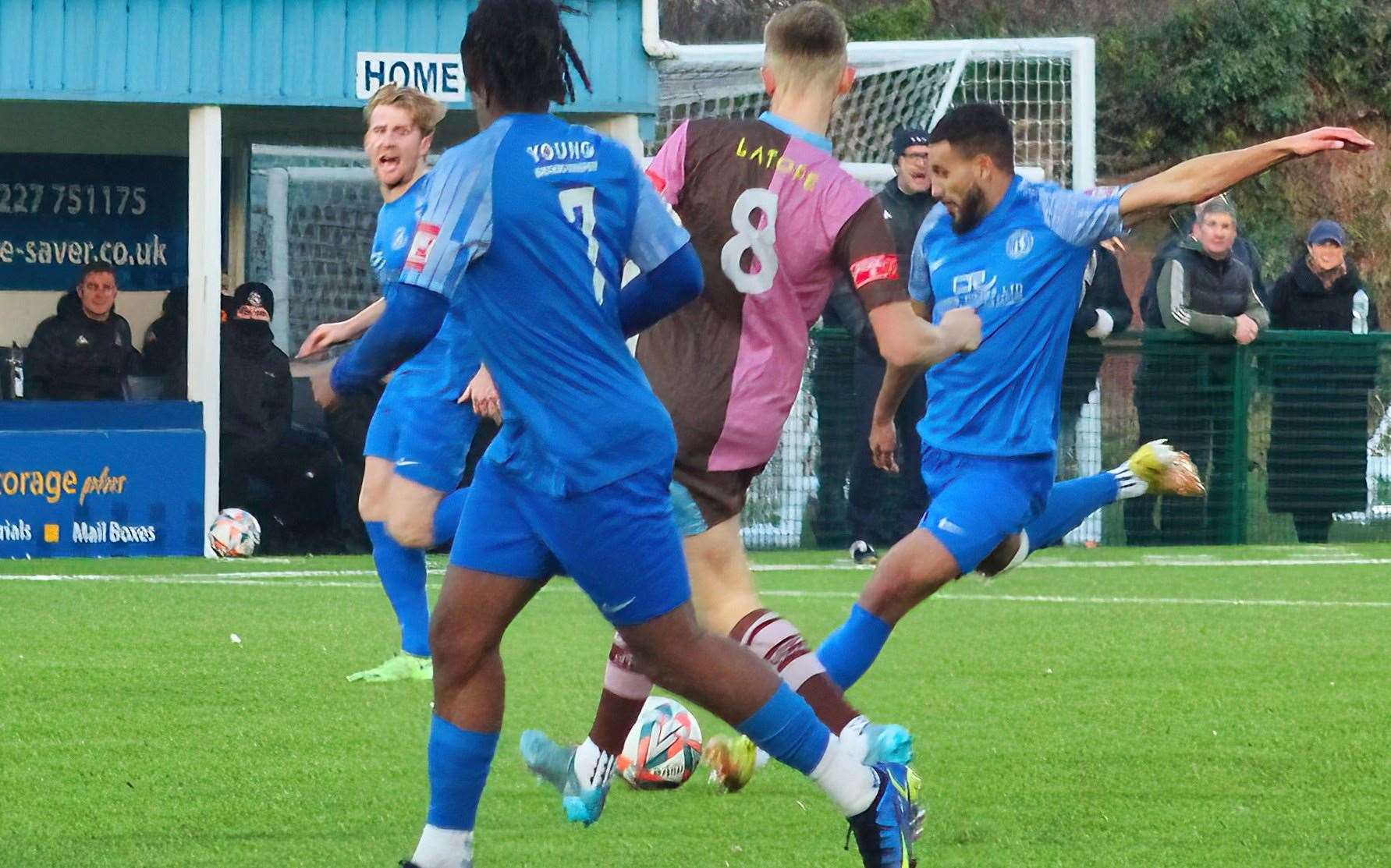 Midfielder Yannis Drais tries his luck for Herne Bay at Winch's Field. Picture: Keith Davy