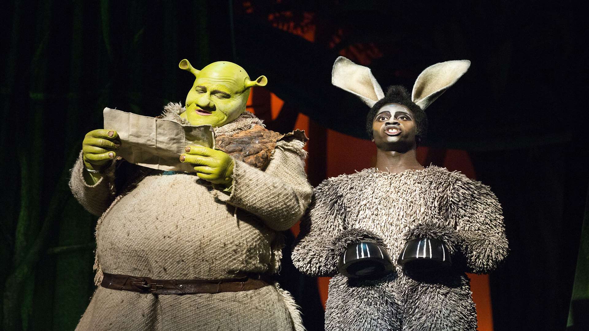 Dean Chisnall as Shrek and Idriss Kargbo as Donkey