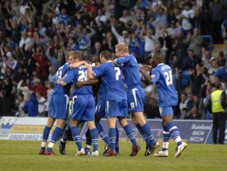 Gillingham celebrate their dramatic equaliser. Picture: GRANT FALVEY