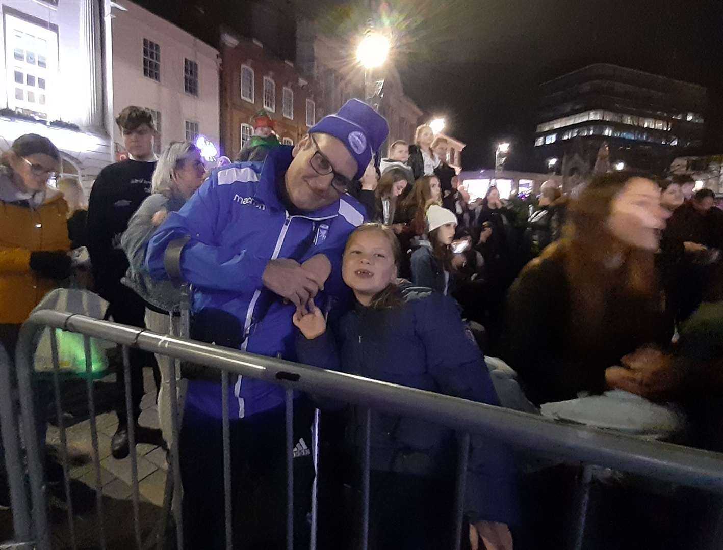 Mia, 7, with her dad at the Maidstone Christmas lights switch on 2021