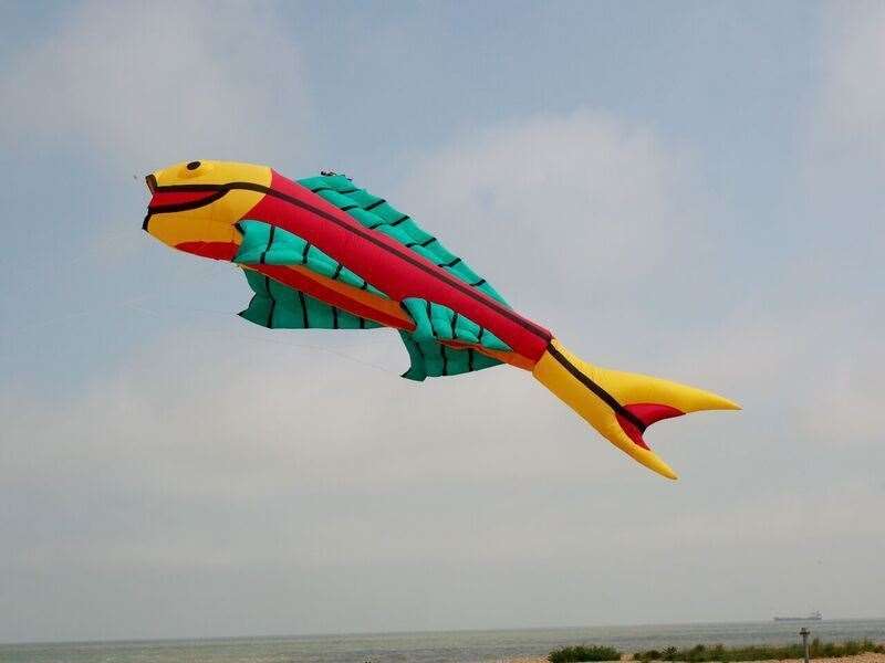One of Kent Kite Flyers' fish flying over the sea at Walmer