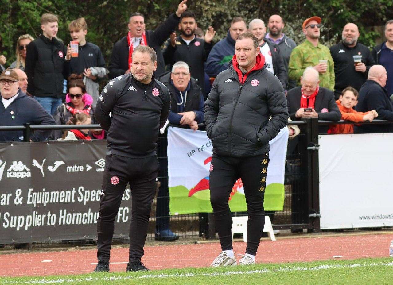 Chatham Town chairman-boss Kevin Hake and player-assistant Danny Kedwell watch on at Hornchurch Picture: Max English @max_ePhotos