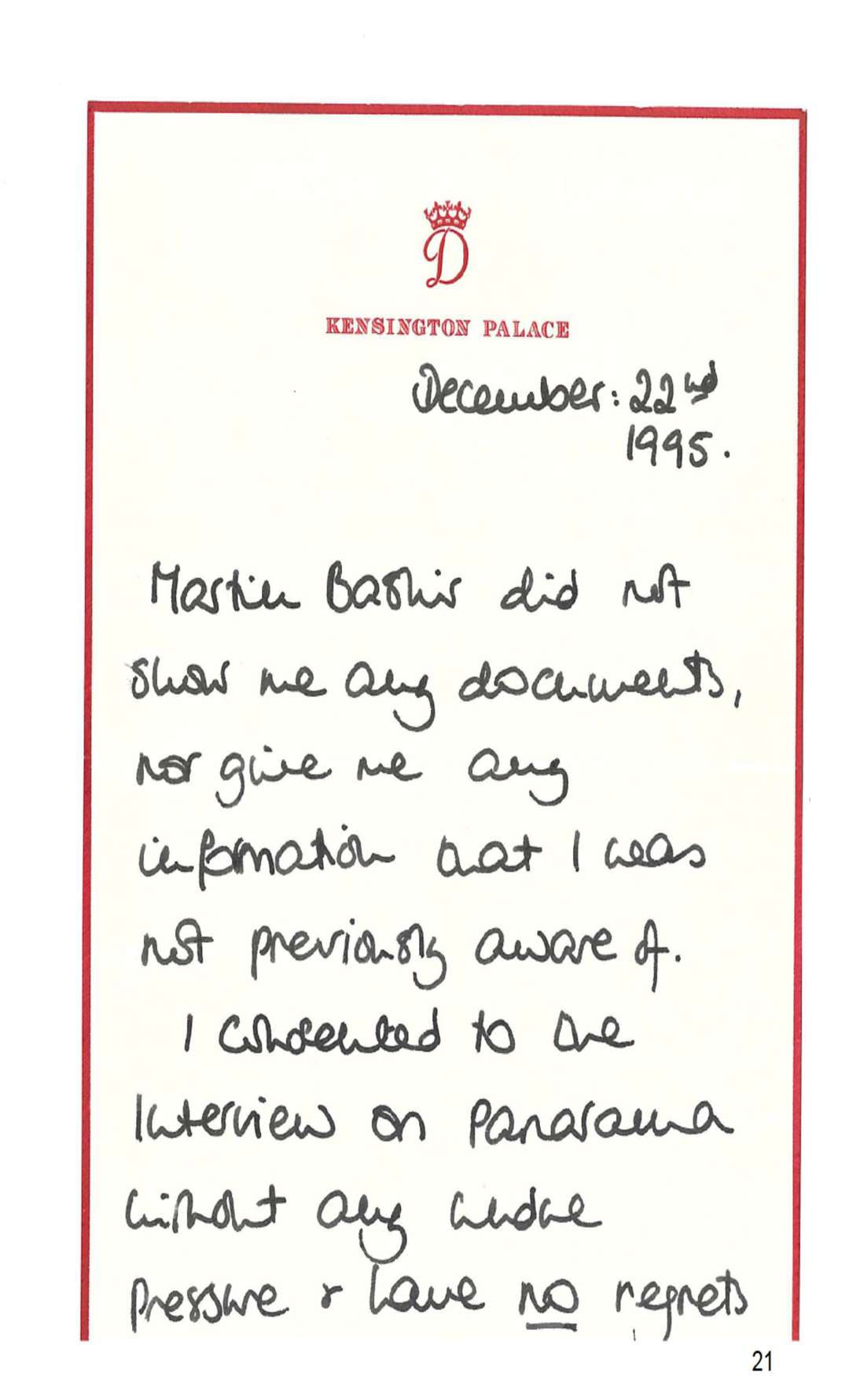 The letter written by the Princess of Wales to Martin Bashir after her 1995 Panorama interview with him (BBC/PA)