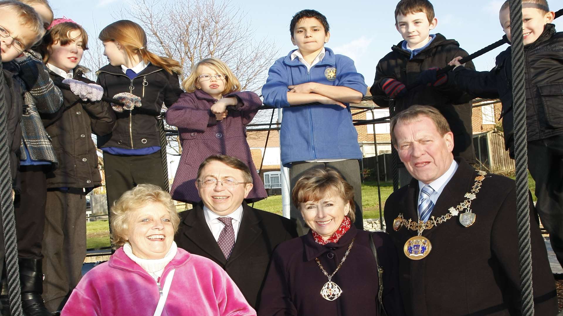 Pat Cooper with then MP Paul Clark MP Kirstine and David Carr with pupils from Burnt Oak School at Hillyfields Play Park