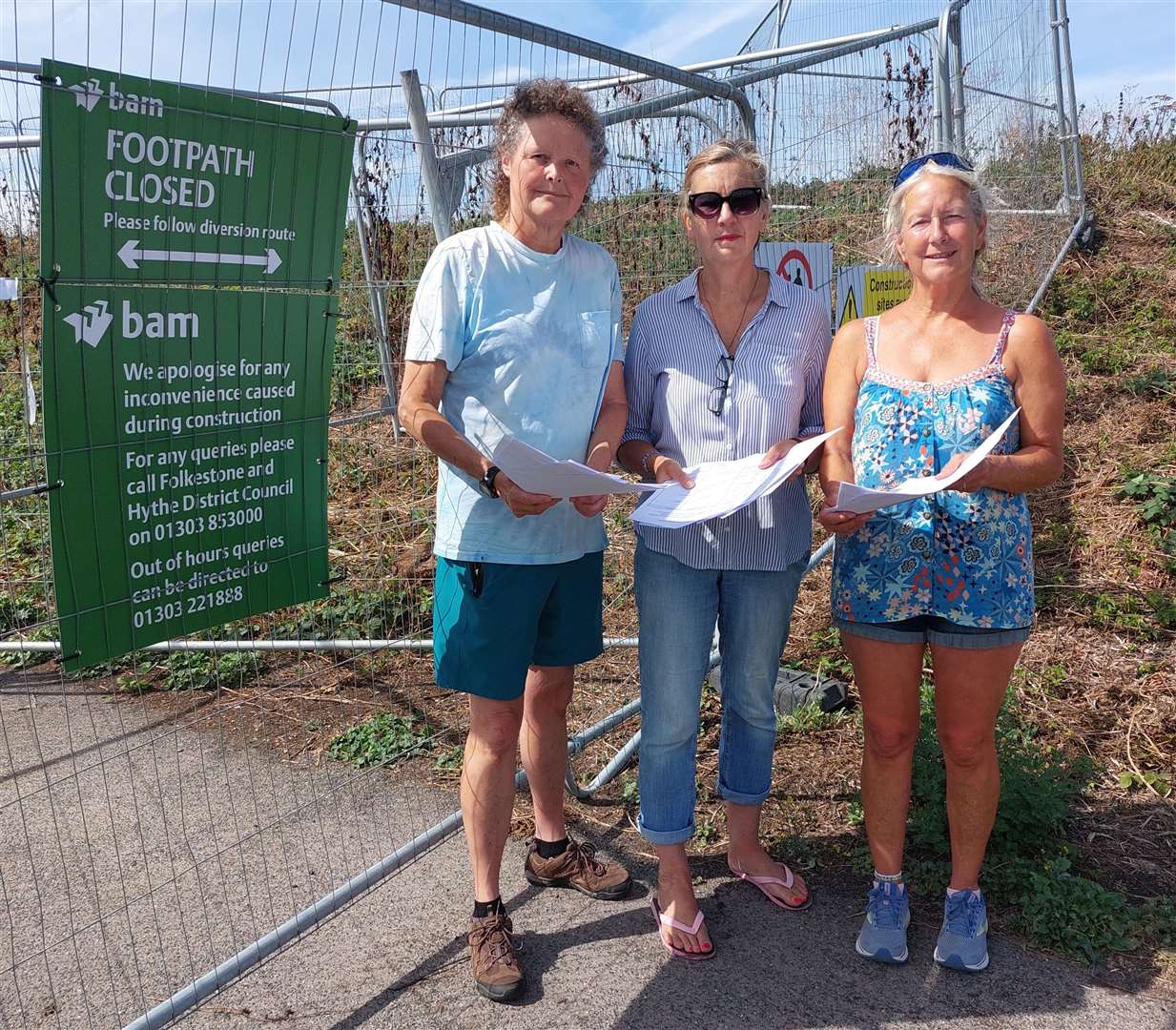 Chris Farrell, Hilary St. Clare and Nicki Stuart have gathered hundreds of signatures on a petition to Folkestone and Hythe District Council asking for the reopening of a footpath at Princes Parade at Seabrook. Picture: Nicki Stuart