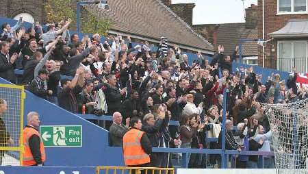 Bromley supporters celebrate the club's FA Cup victory at Grays on Saturday. Picture: Mark Avenell www.bfcgallery.co.uk