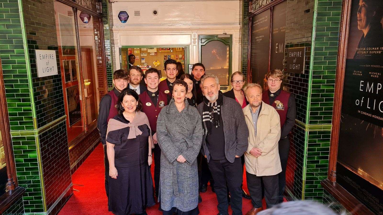 Front row, left to right: Pippa Harris, Olivia Colman, Sam Mendes and Toby Jones join others at The Carlton cinema in Westgate
