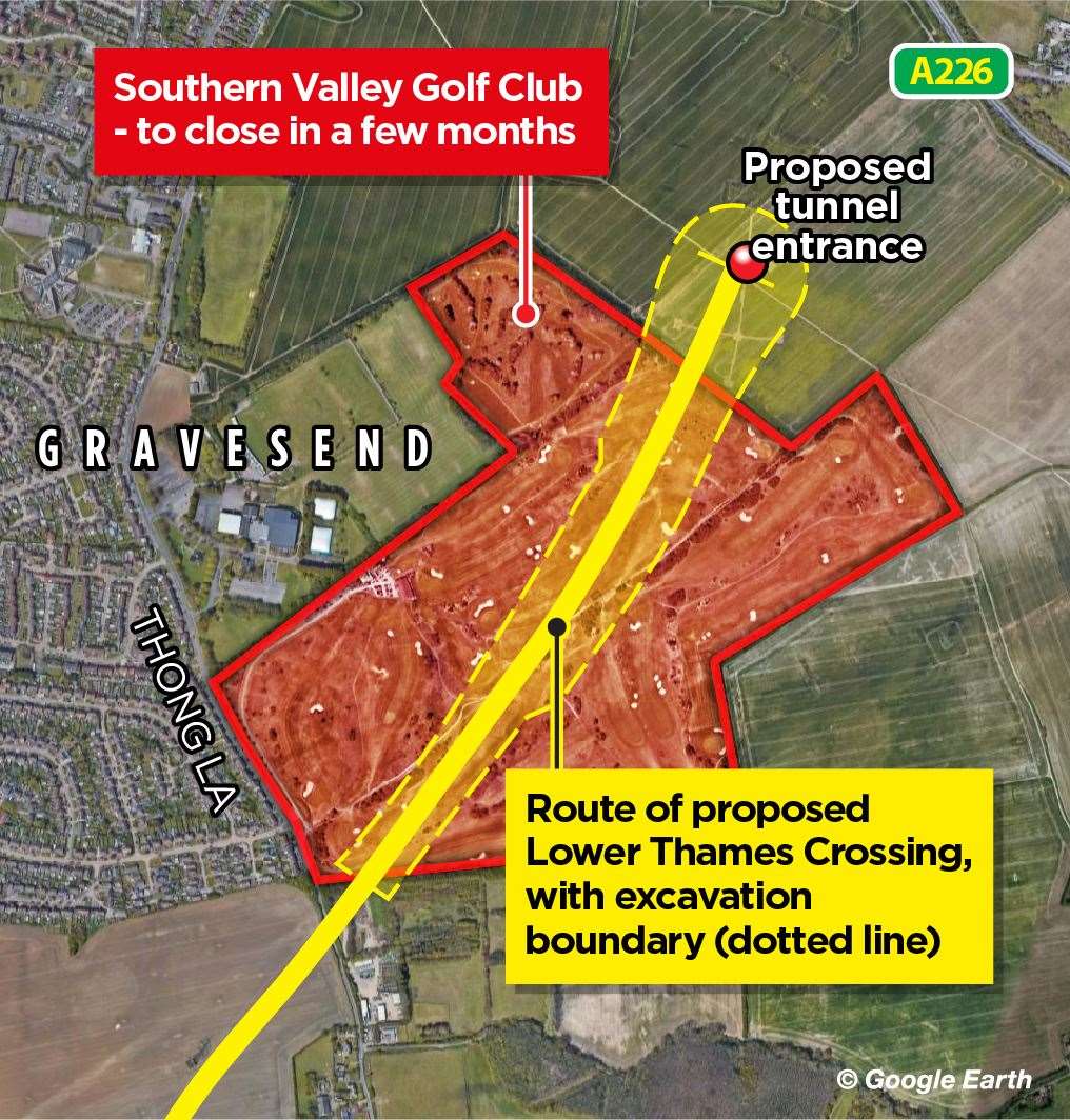 This map shows how the crossing would affect the golf club in Gravesend