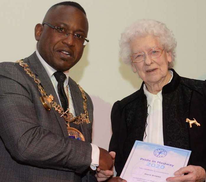 Then mayor Cllr Habib Tejan presents Joyce Bowles with her certificate at the Pride in Medway Awards in 2020