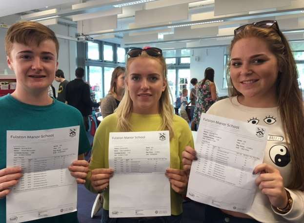 From left, Keiran May, Katy Mills, and Millie McGrath from Fulston Manor with their results