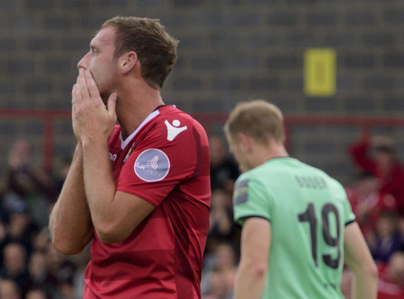 Andy Drury reacts to Darren McQueen's missed overhead kick at goal Picture: Andy Payton