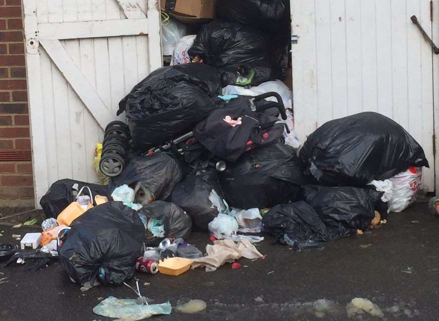 The overflowing bin store. Picture: Matthew Styles