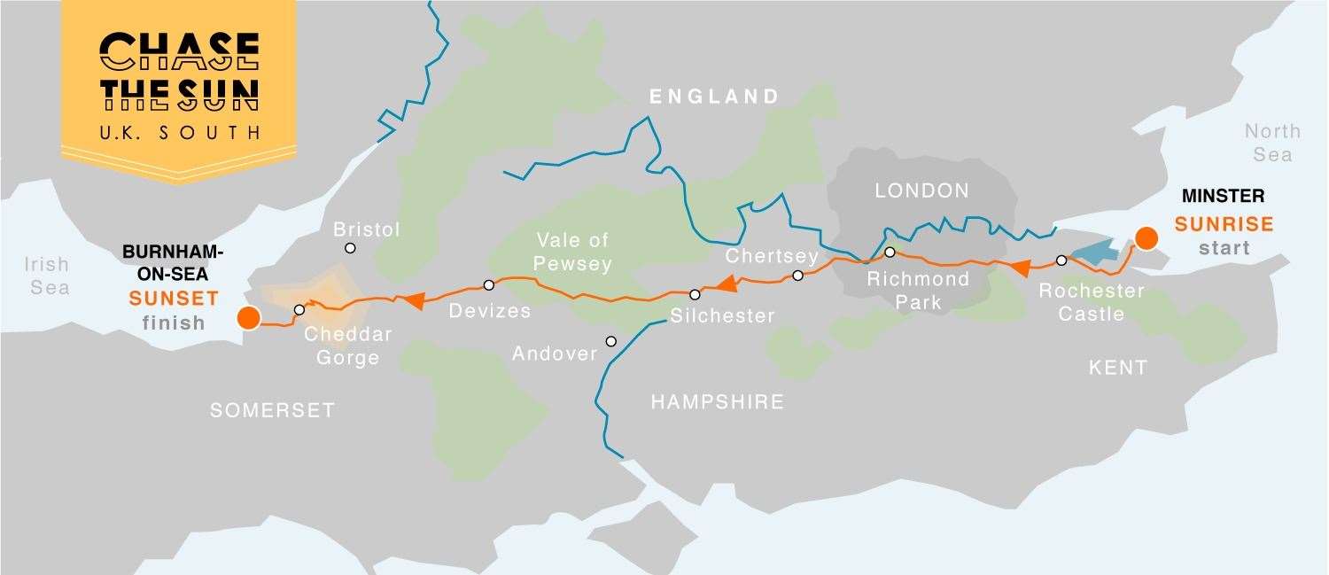 Route of the 205-mile Chase The Sun cycle ride which began on Sheppey