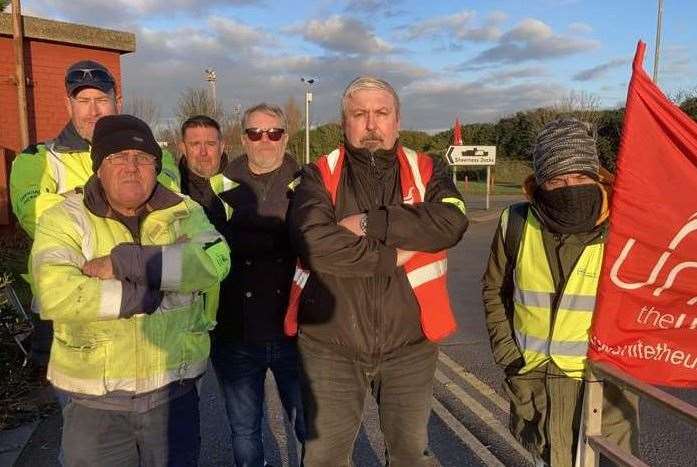 Unite pickets outside Sheerness Docks on the Isle of Sheppey in January 2022 with regional officer Phil Silkstone (front, right)