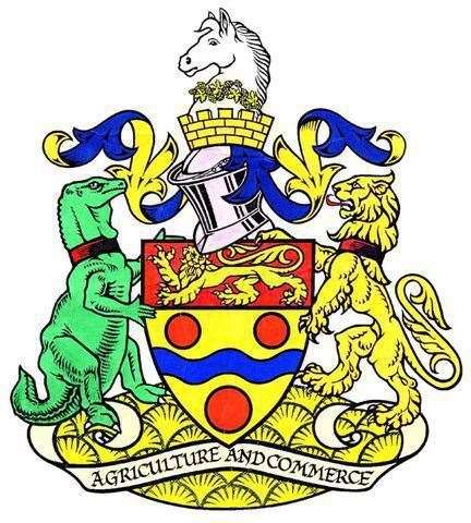 The Maidstone Coat of Arms features the Invicta white horse, an Iguanodon and a lion