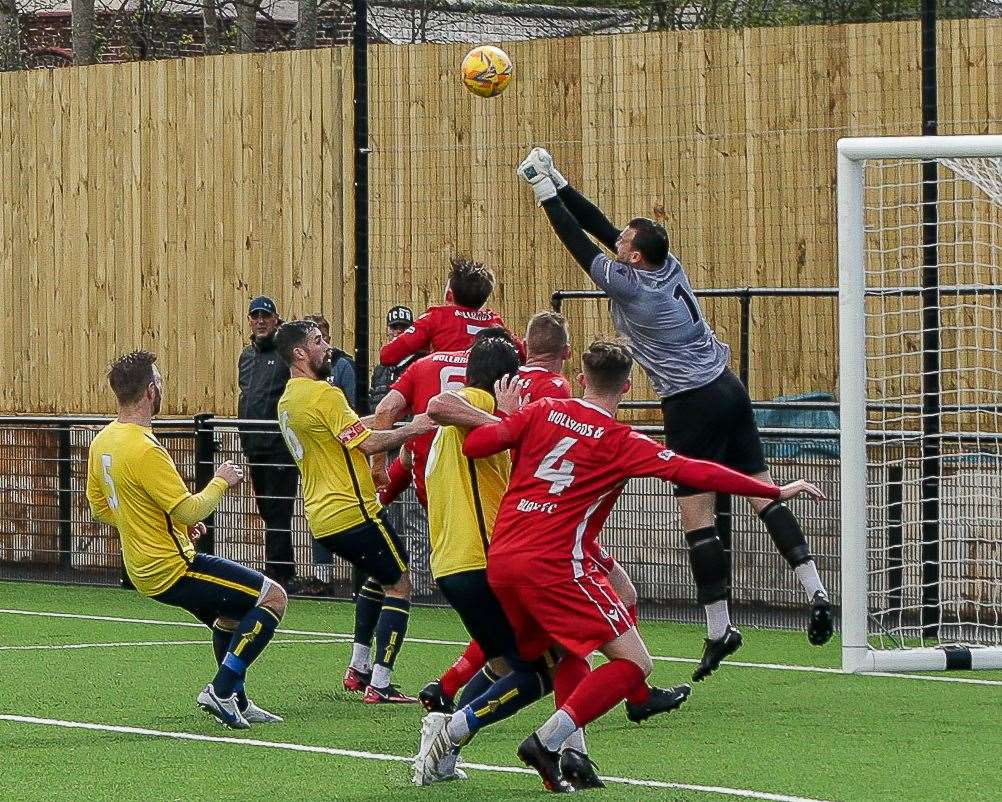 Blair keeper Dan Ellis punches clear against Whitstable. Picture: Les Biggs
