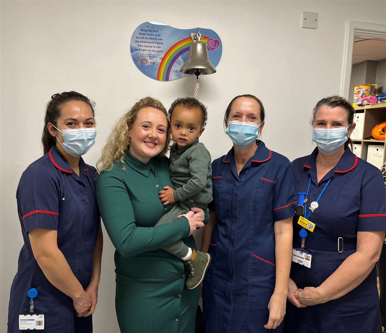 Katie Dennett, Children’s Oncology Nurse, Deborah Waters, Children’s Oncology Nurse; Karen Hartley, Clinical Nurse Specialist, with Tadhg Mealey and his mum Courtney (centre). Picture: Medway NHS