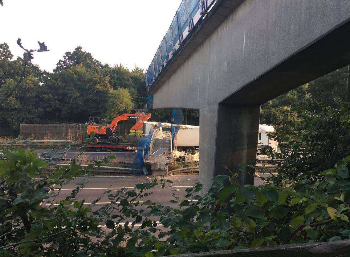 A distant view of the aftermath of the M20 bridge crash. Picture: Marcus Marchant