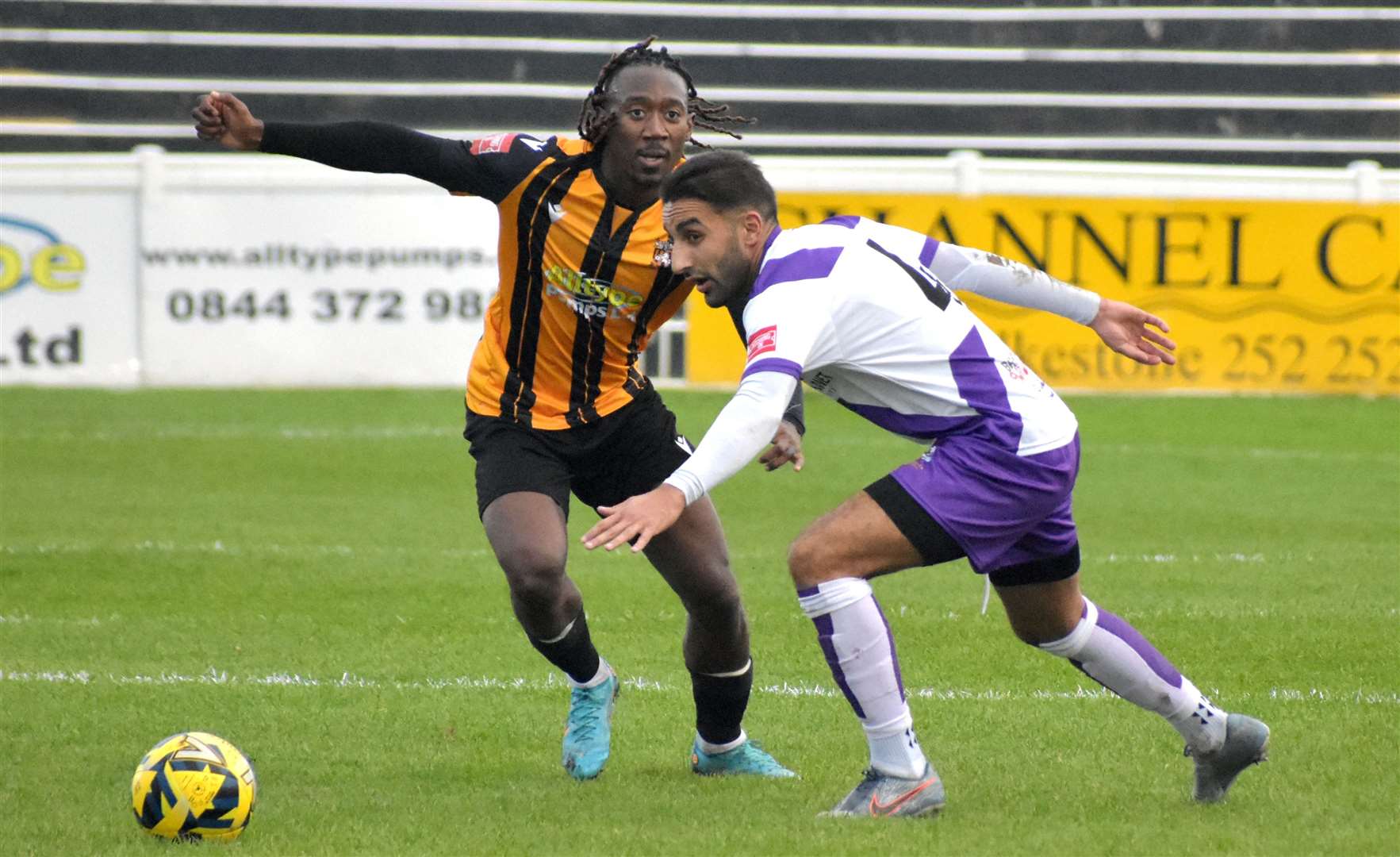 Folkestone's Kadell Daniel battles for the ball in their 3-1 weekend win over Brightlingsea. Picture: Randolph File