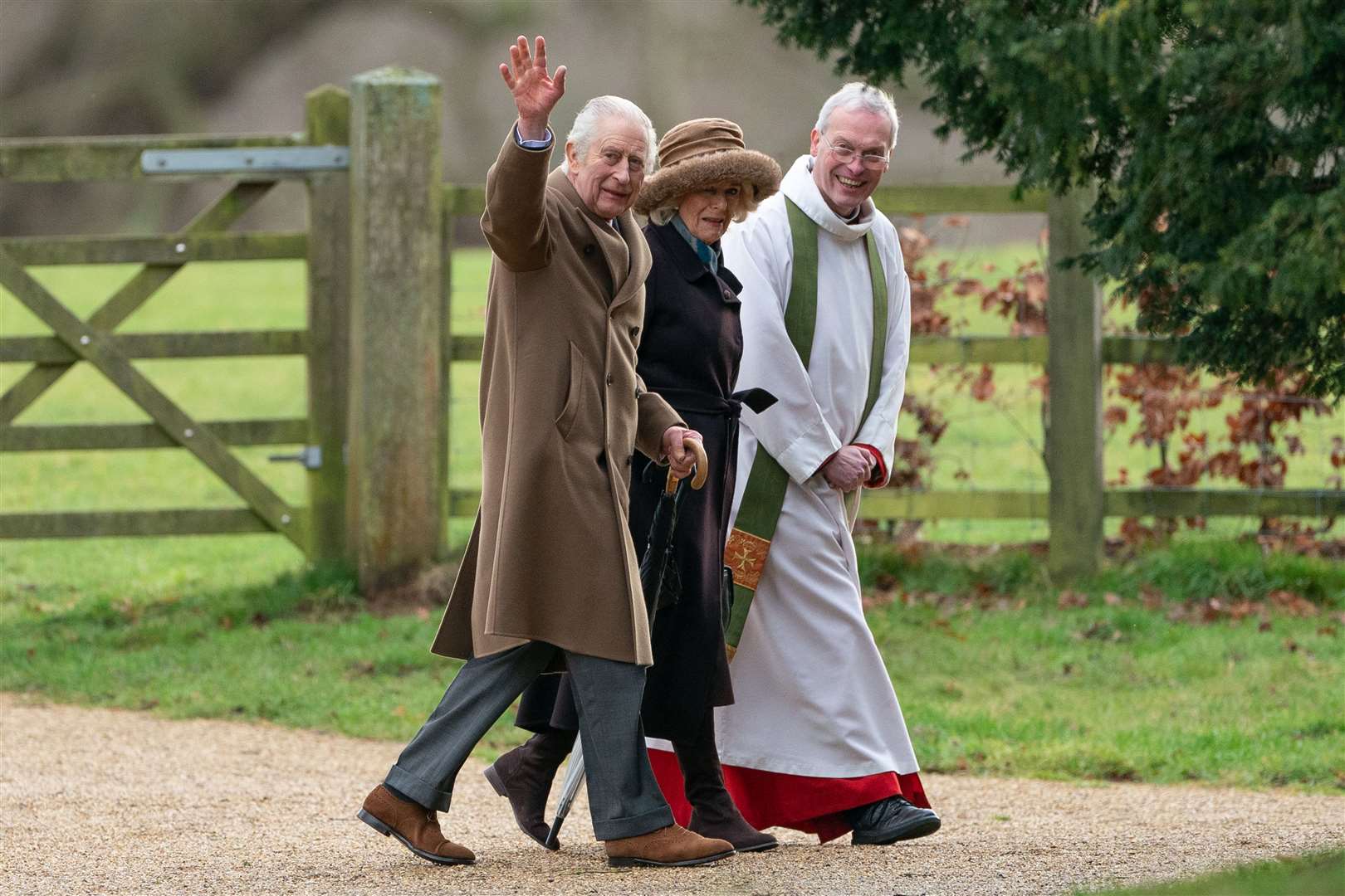 The King and Queen arrive to attend a Sunday church service at St Mary Magdalene Church in Sandringham, Norfolk (Joe Giddens/PA)