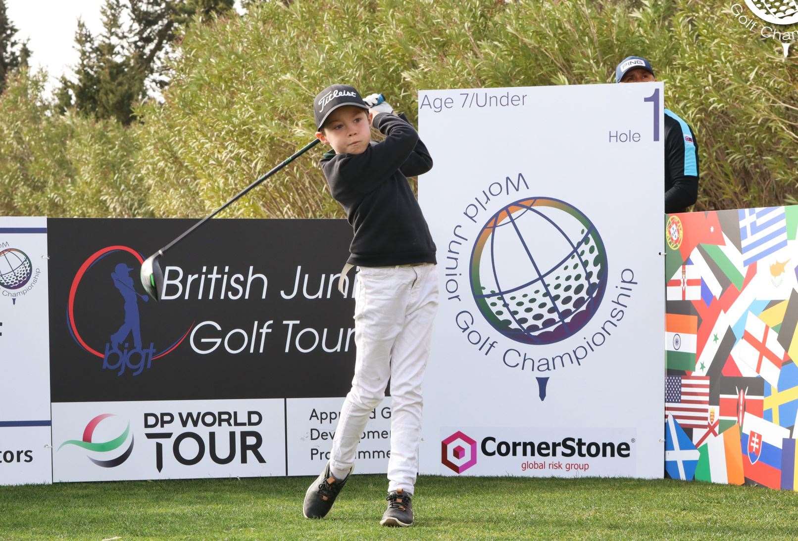 Elijah Gibbons teeing off at the 2023 World Junior Golf Championship at the Amendoeira resort in the Algarve, Portugal, with the event run by the British Junior Golf Tour
