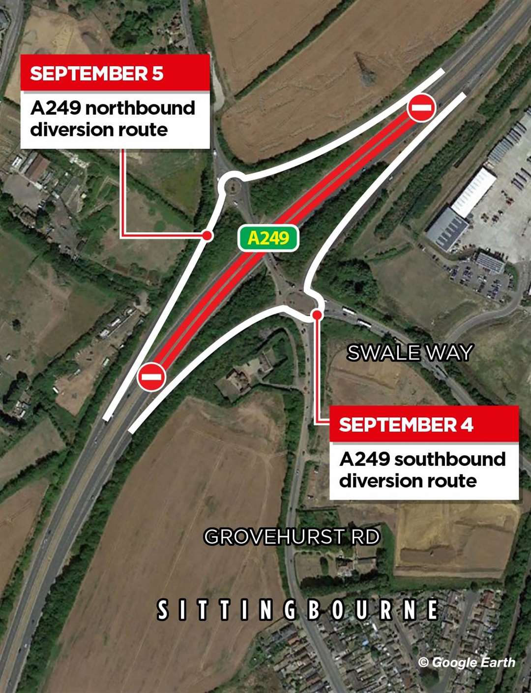 The A249 closures and diversion routes on September 4 and 5. Picture: KM Graphics