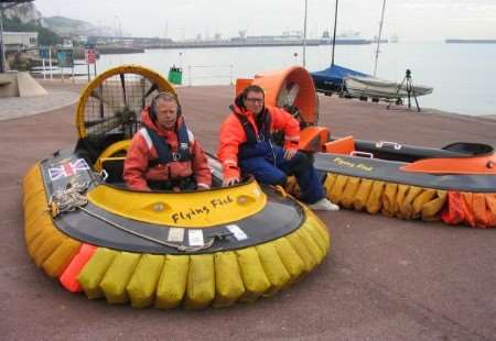 Mini hovercraft which made a crossing from Dover on Wednesday. Nelson Wood and Russ Pullen prepare to set off.