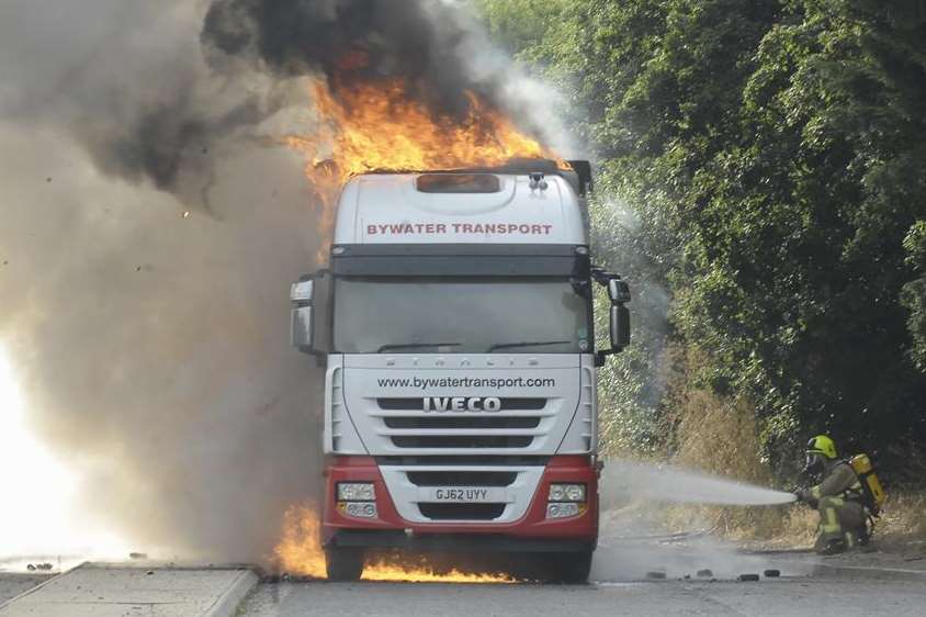 A lorry carrying beer burst into flames on the A2 near Faversham. Picture: Ruth Cuerden
