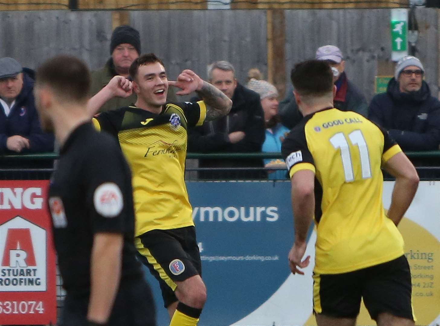 Tommy Wood, pictured celebrating one of his two goals at Dorking, is a man in form for Tonbridge Picture: Dave Couldridge