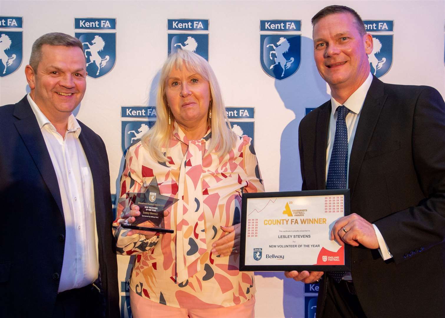 Kent FA New Volunteer of the Year Lesley Stevens, of Bearsted, is presented with her award. Her husband Kevin Stevens also won an award on the night but was unable to attend. Picture: Ian Scammell