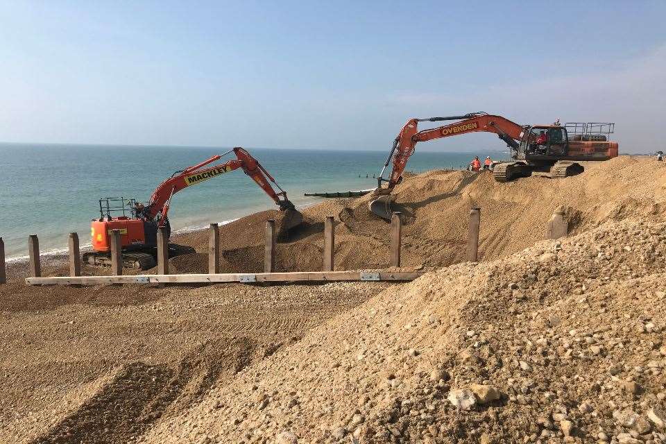 Work to refurbish the groynes on the beach between Hythe and Folkestone
