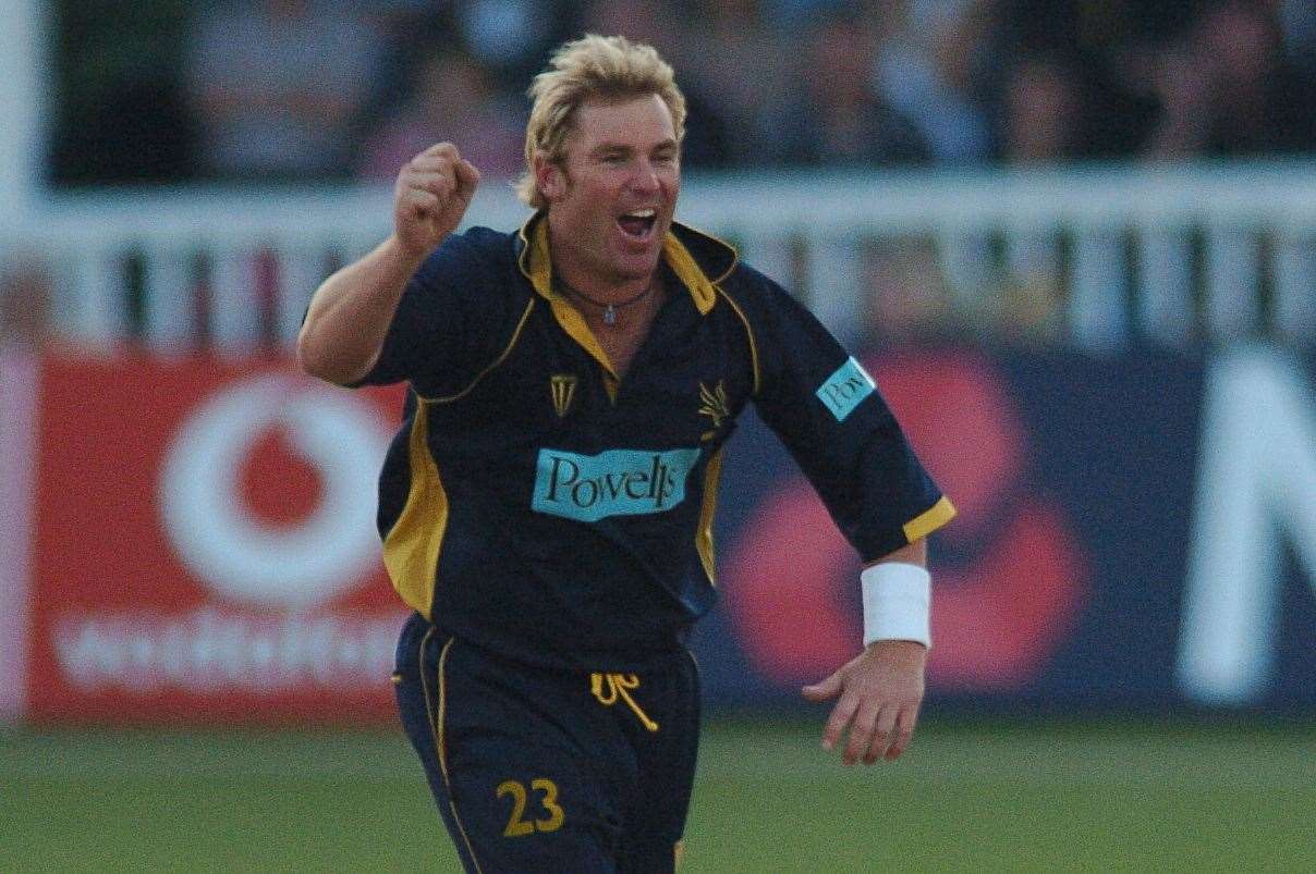 Shane Warne celebrates taking the wicket of fellow countryman Andrew Symonds at Canterbury in 2004