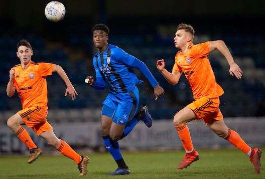 Emmanuel Fernandez in action for Gillingham's youth team against Ipswich Picture: Ady Kerry