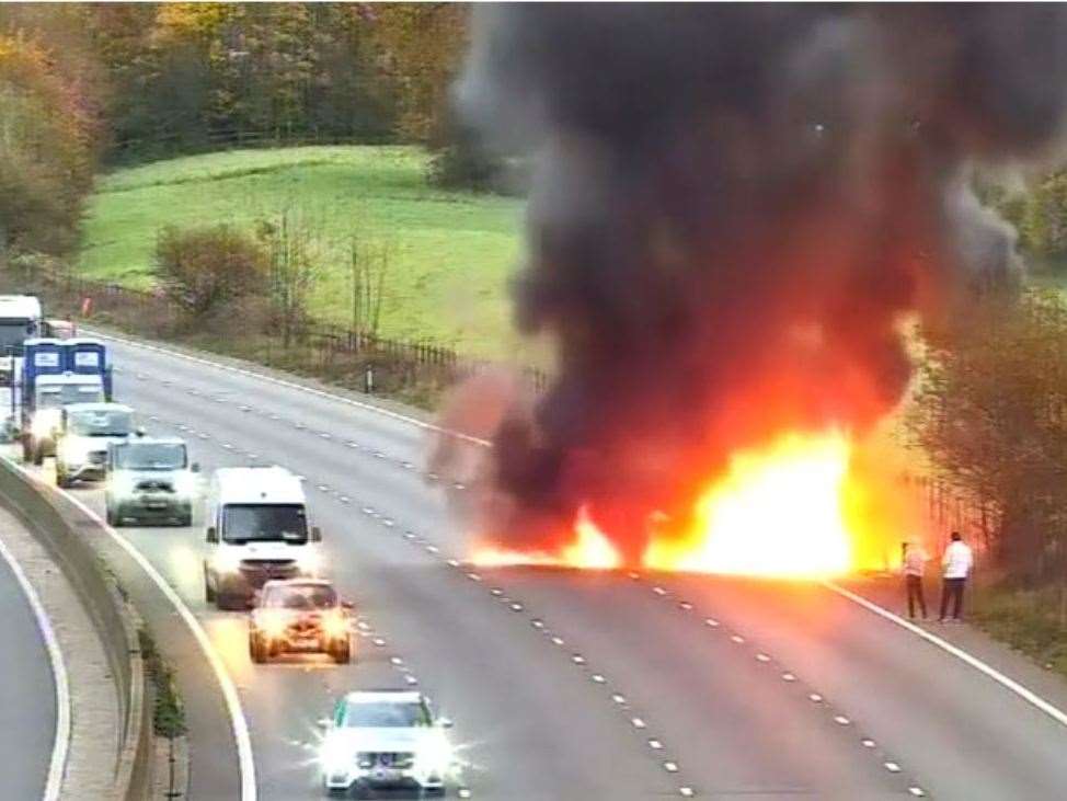 The van fire on the M25 this morning. Picture: National Highways