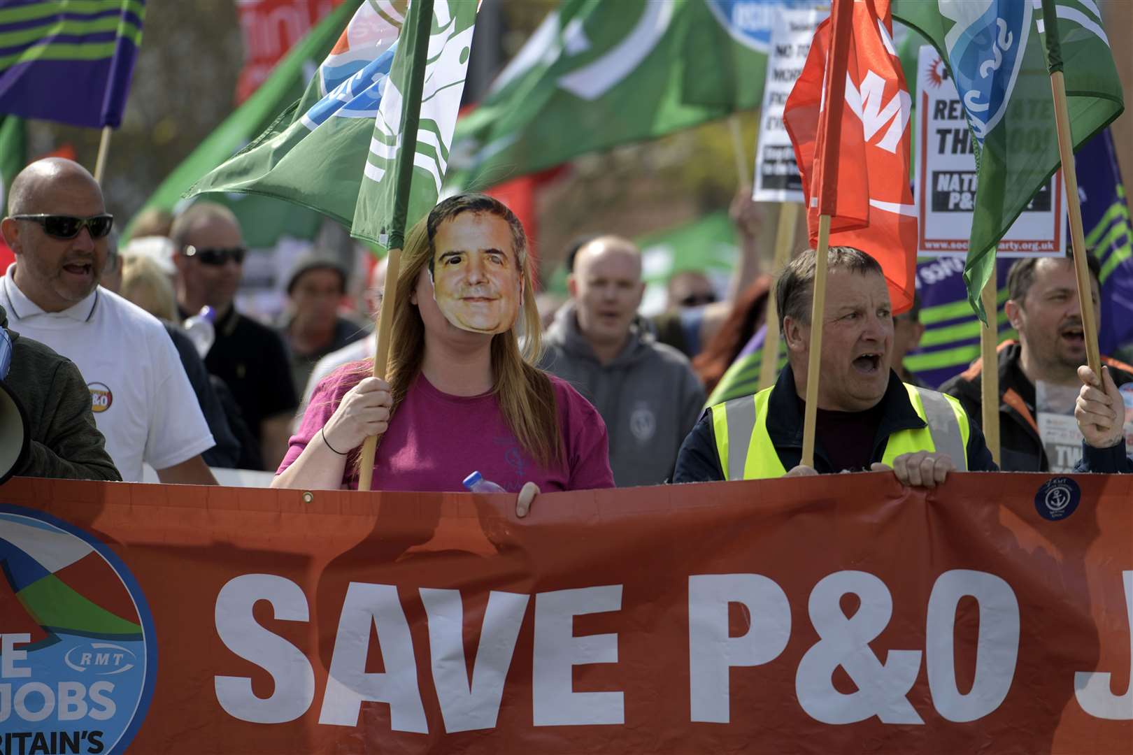 A protestor wears a face mask of P&O Ferries chief executive Peter Hebblethwaite during protests in Dover earlier this year. Picture: Barry Goodwin