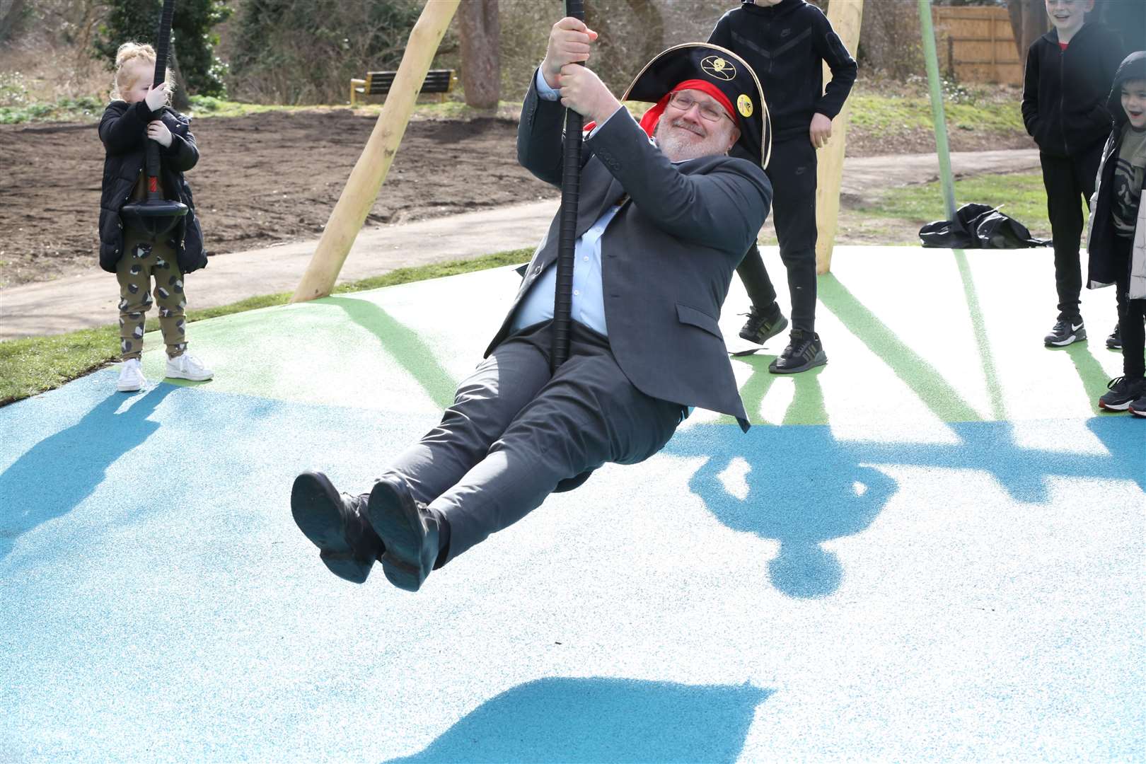Dartford Council leader Jeremy Kite having fun at the new park. Andy Barnes Photography