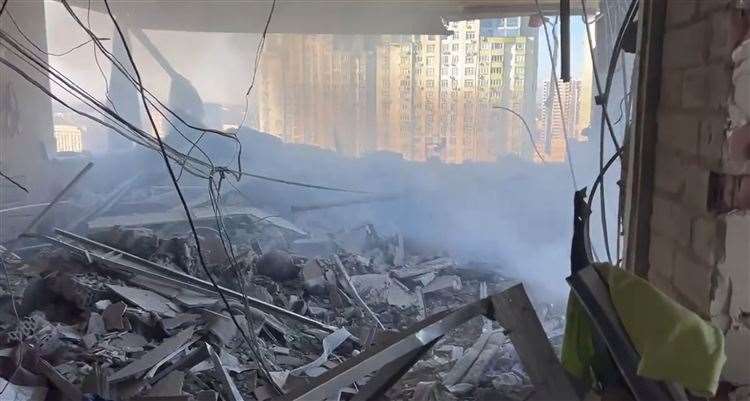 One of the apartments in a high rise building which was struck by a missile in Ukraine’s capital Kyiv. Picture: Nabih Bulos/Los Angeles Times