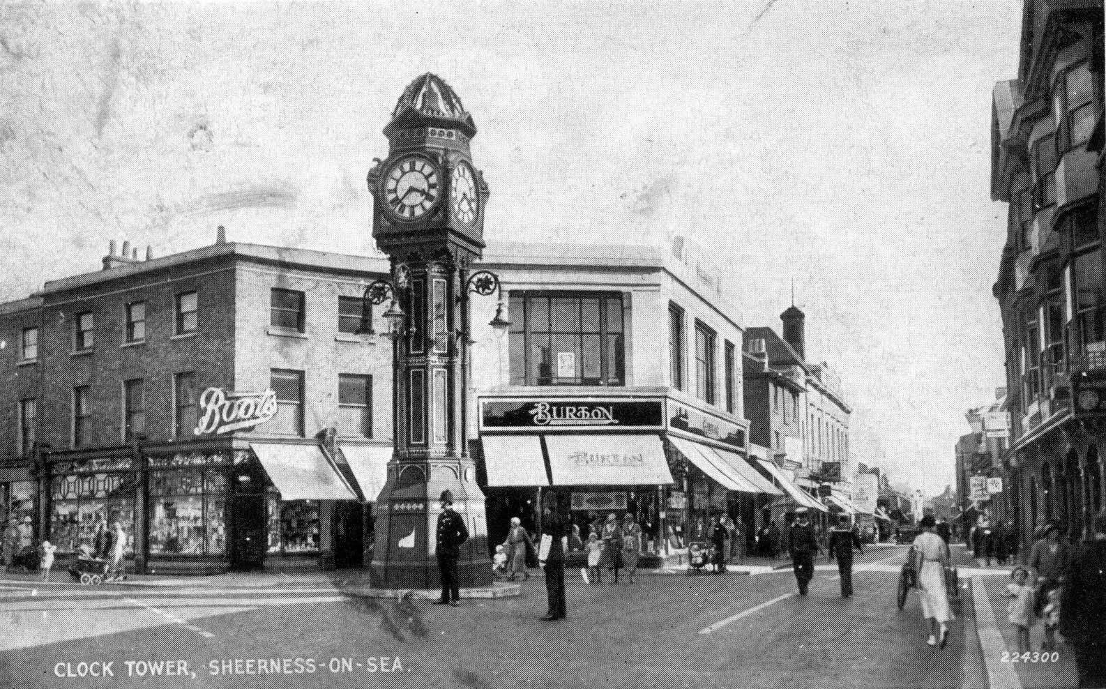 Postcard of Sheerness clock tower with an old-fashioned bobby and when Burton was in town. Provided by Chris Reed