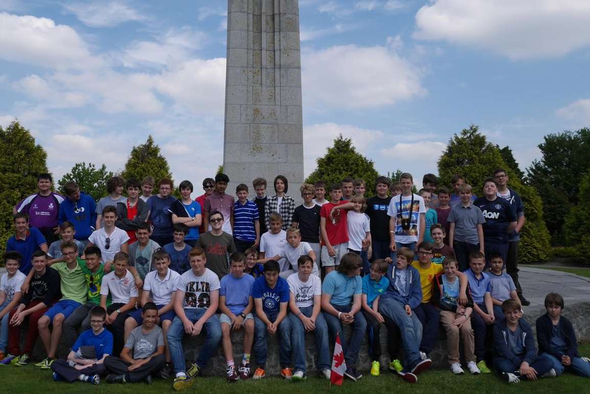 Borden Grammar School students at the Brooding Soldier memorial in Ypres