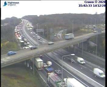 Tailbacks after two lorries crashed on the A2 coastbound near Bean. Picture: Highways England
