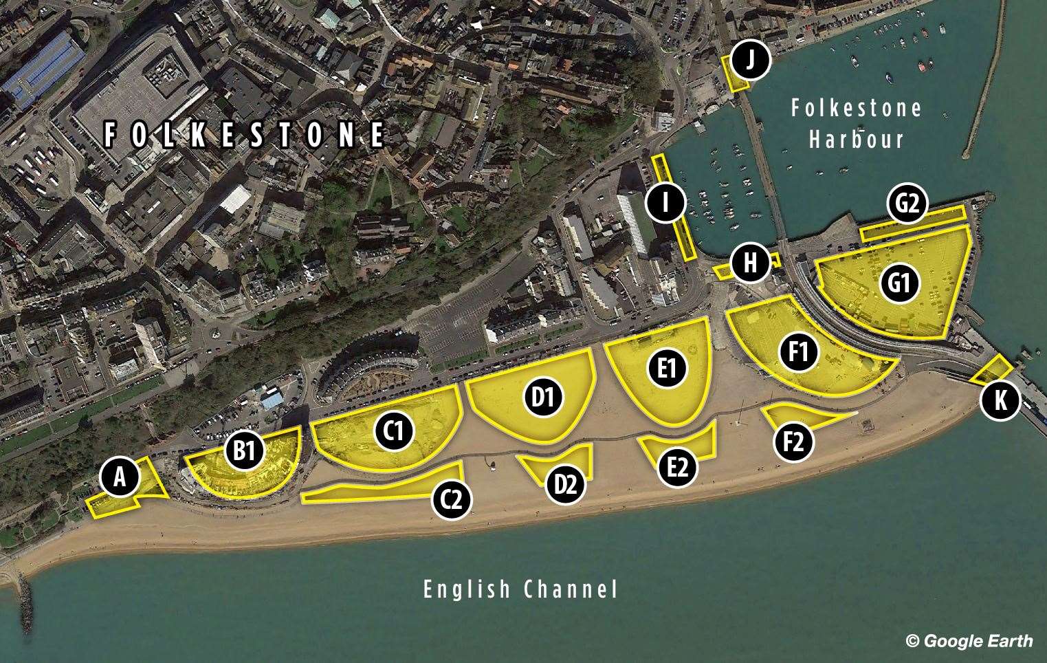 The individual plots identified as part of the masterplan for the redevelopment of Folkestone seafront and harbour