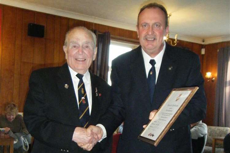 Tom Redman presented with his certificate by new Sheerness branch chairman Ian Goodwin