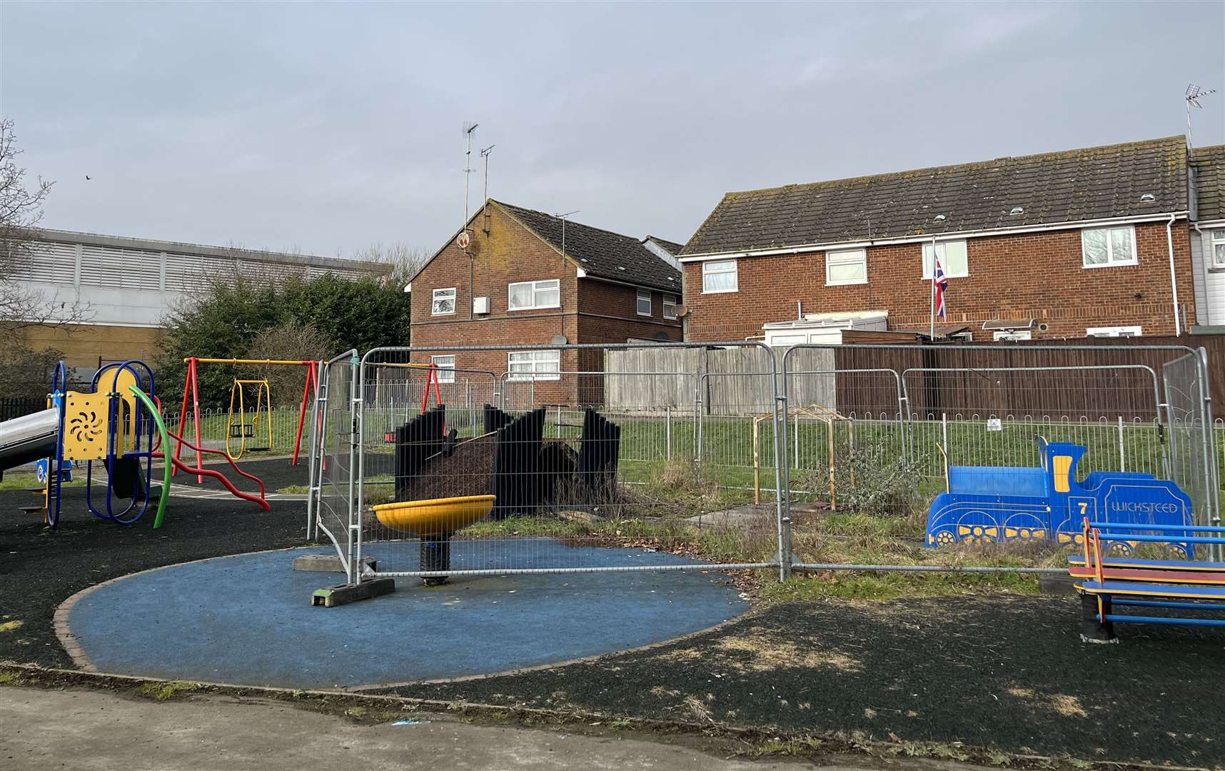 The damaged equipment remains in the play park