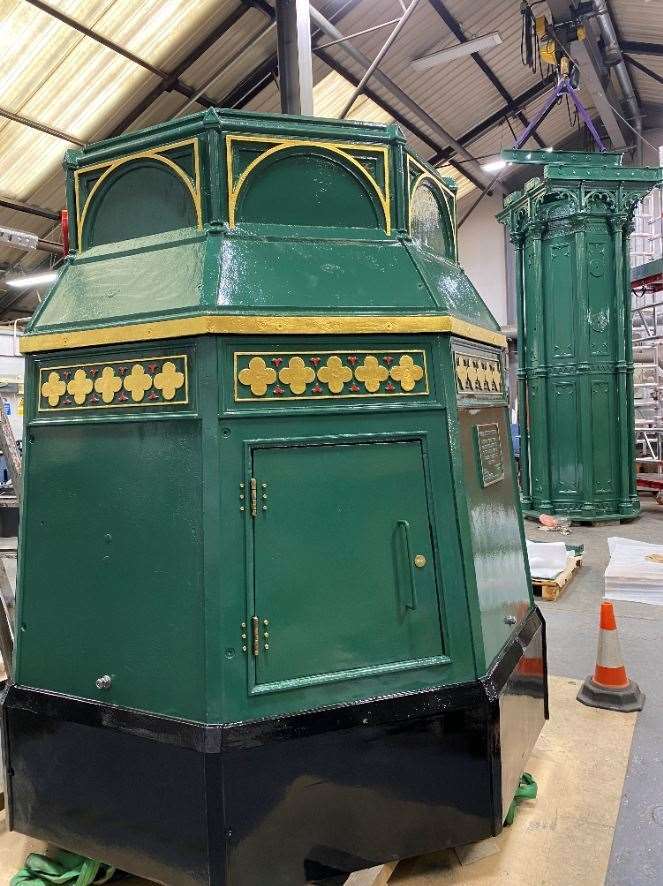 Now: new look to base of Sheerness clock tower in its original green. Picture: Smith of Derby