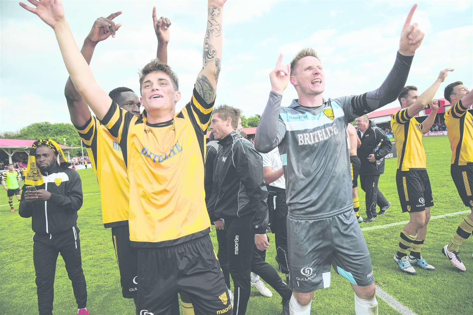 Jack Paxman celebrates play-off final glory for Maidstone in 2016. Picture: Gary Browne
