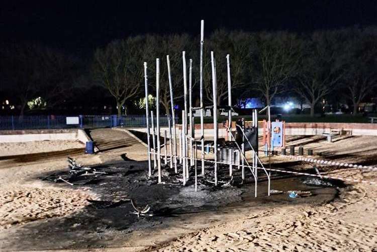 The remains of the burnt playground equipment in Sheerness. Picture: SBC