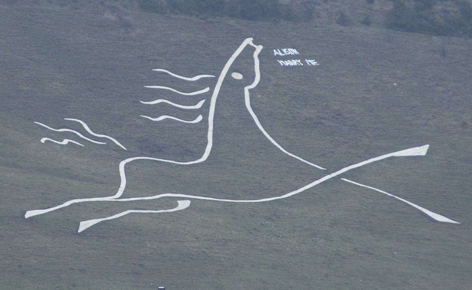 The 'Alison marry me' message on the hillside at Christmas in 2003 - and she said yes! In November that year, efforts to turn the image into a fire-breathing beast were quickly scuppered after two red barrels placed near the horse's nose - to make it look as though it was breathing fire - were removed