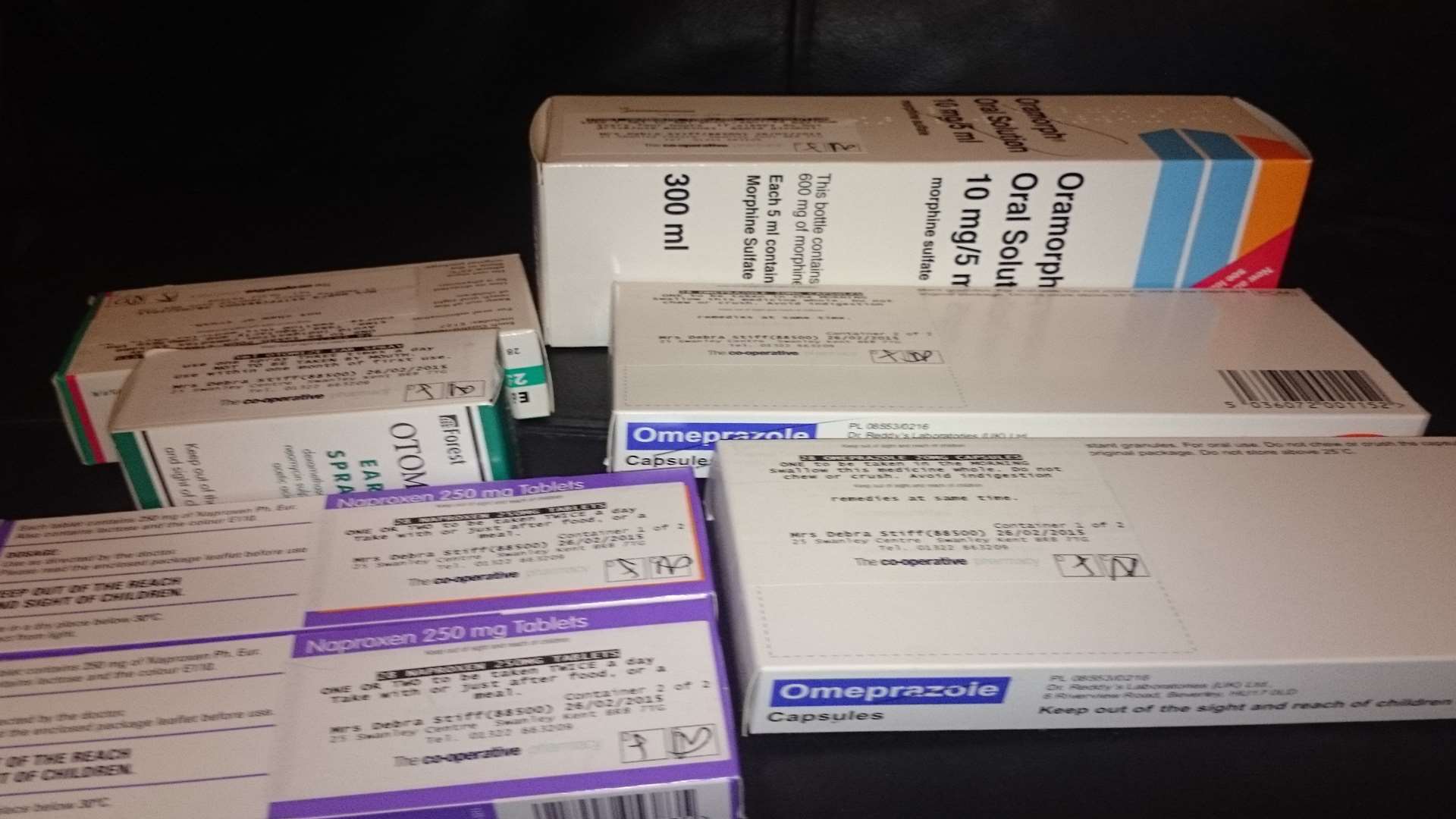 Gary Stiff's medication with labels all incorrectly bearing Mrs Stiff's name