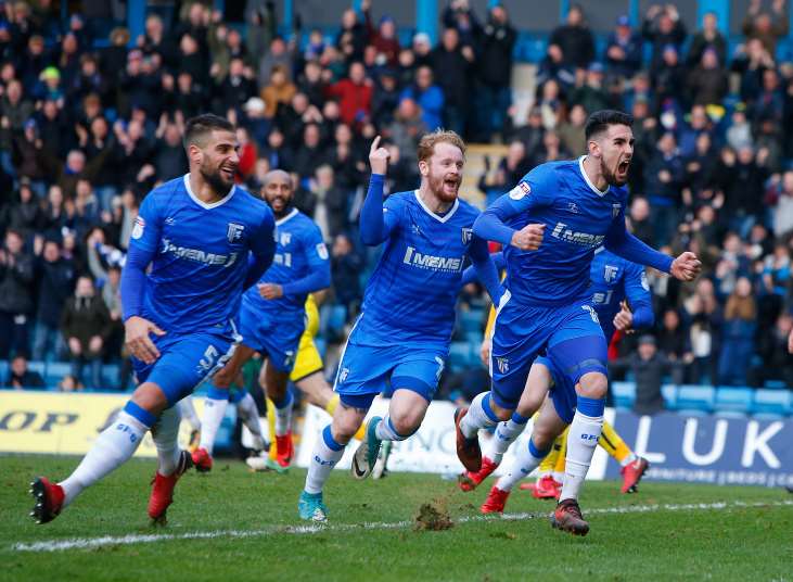 Gillingham celebrate their late equaliser against Oxford Picture: Andy Jones