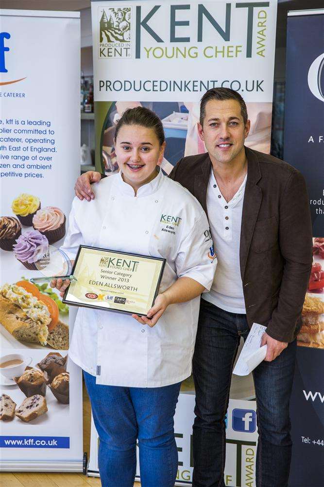 Highsted Grammar School student Eden Allsworth, who retained the senior title in the Kent Young Chef Awards, with celebrity chef Richard Phillips
